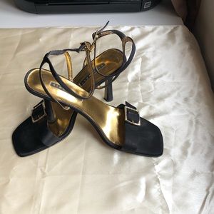 Black satin sandal heel
